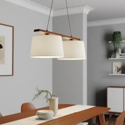 Hanglamp Zweden, antiek wit, textiel, walnoot, 2-lamps