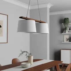 Hanglamp Zweden, antiek wit, textiel, walnoot, 2-lamps