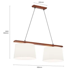 Hanglamp Zweden, antiek wit, textiel, walnoot, 2-lamps