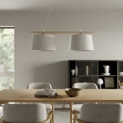 Hanglamp Zweden, antiek wit/wit, textiel, hout, 2-lamps