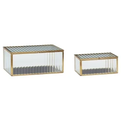 Hübsch Ripple glazen dozen, set van 2, glas, ijzer, messingkleurig