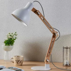 Houten bureaulamp met witte kap Shivanja