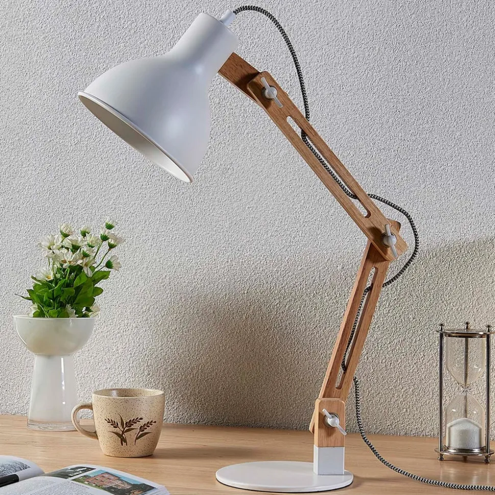 Houten bureaulamp met witte kap Shivanja
