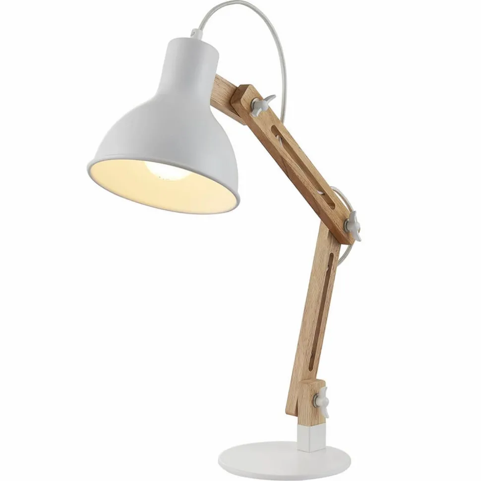 Houten bureaulamp met witte kap Shivanja