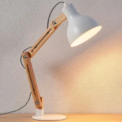 Houten bureaulamp met witte kap Shivanja