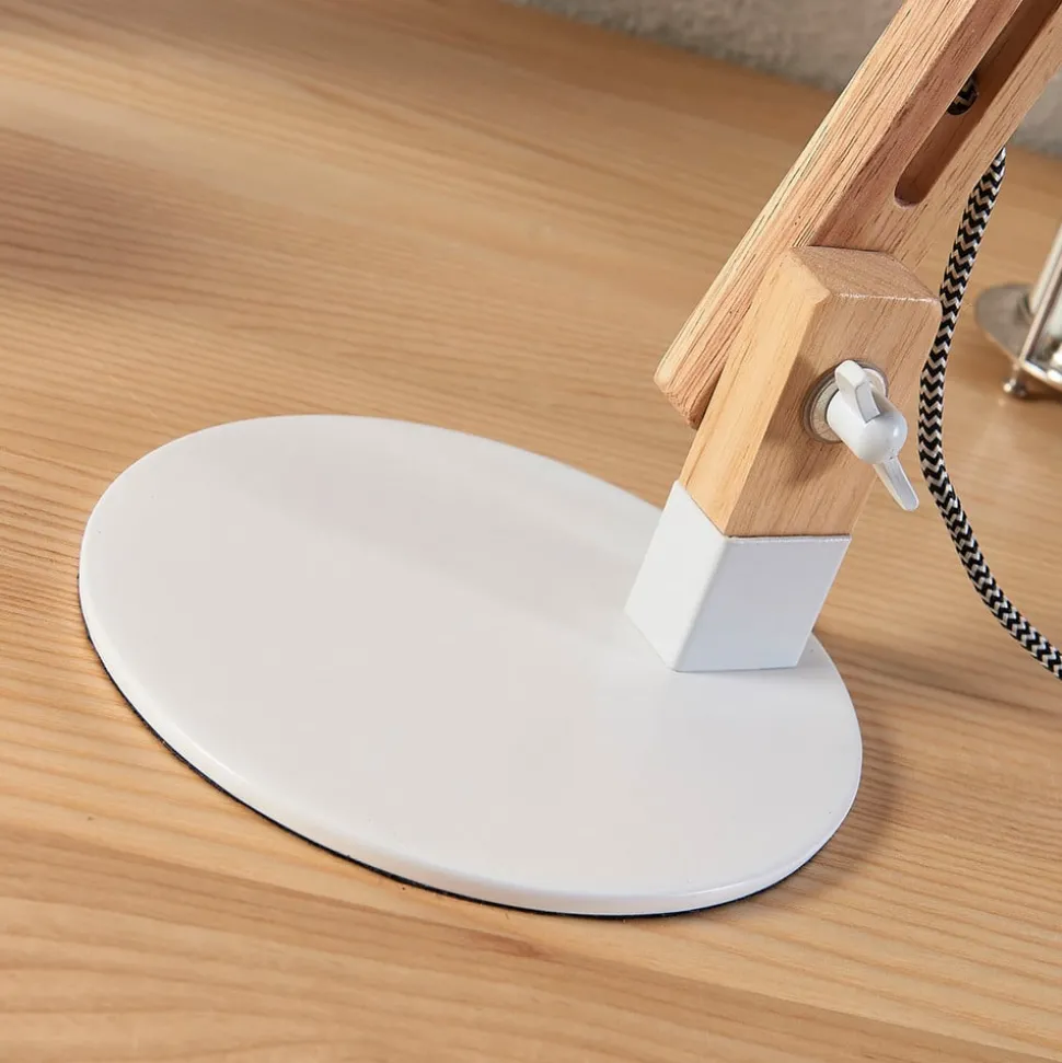 Houten bureaulamp met witte kap Shivanja