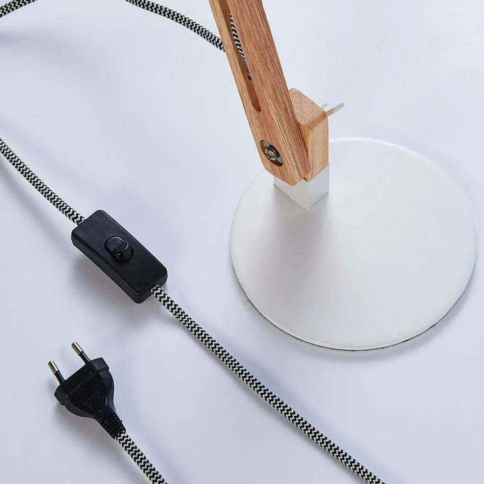 Houten bureaulamp met witte kap Shivanja