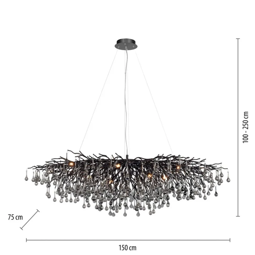 IJspegel kroonluchter, zwart, glas hangend, lengte 150 cm