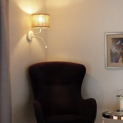 Jute wandlamp, bruin/wit, stof, leeslampje