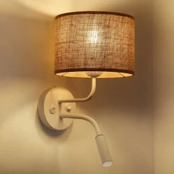 Jute wandlamp, bruin/wit, stof, leeslampje