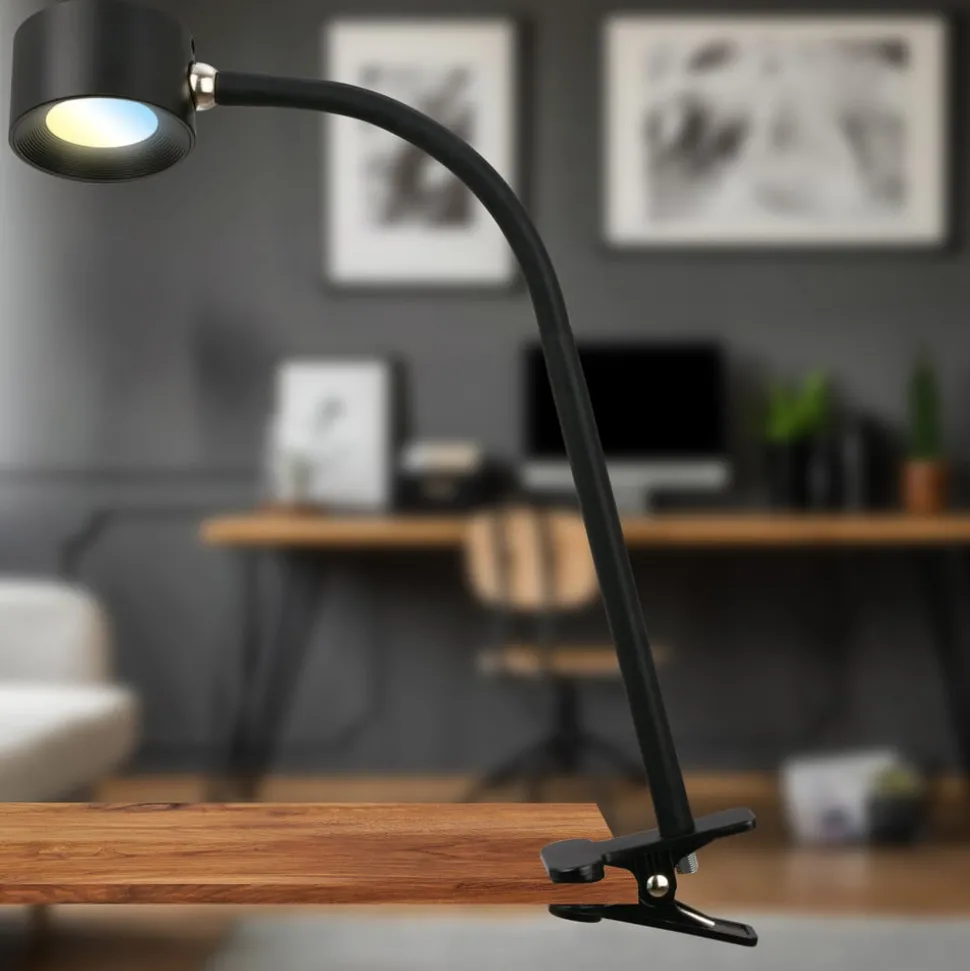 Klemlamp Tari, zwart, CCT, touchdimmer, USB