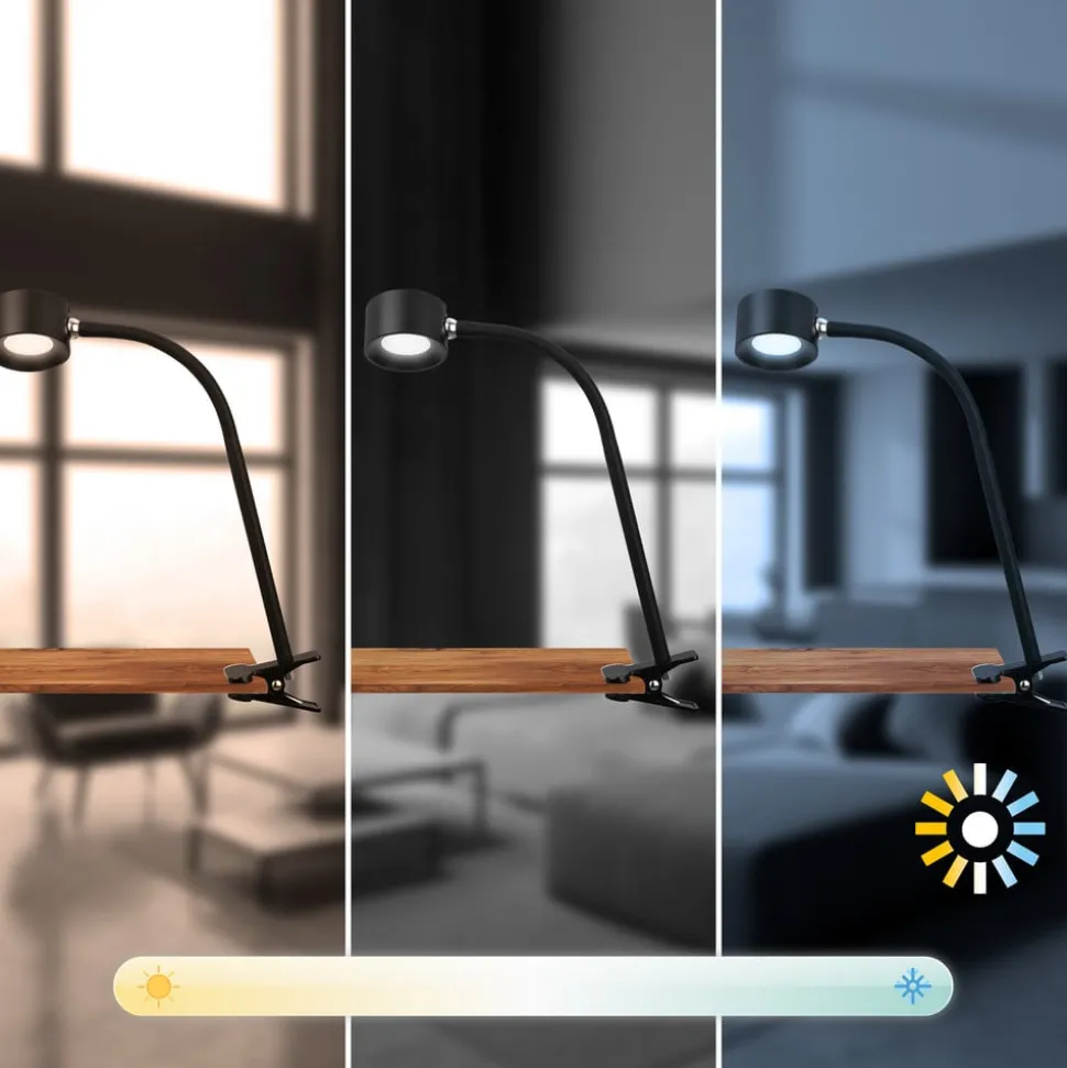 Klemlamp Tari, zwart, CCT, touchdimmer, USB