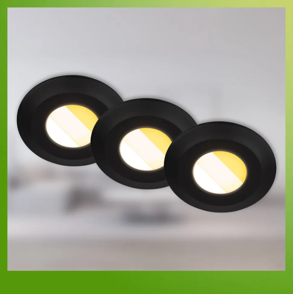 Klira inbouwlamp, zwart, Ø 9cm, IP44, dimbaar, 3 stuks