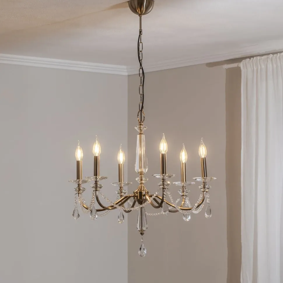 Kroonluchter Adone, 6-lamps, messing, Ø 70 cm, kristalglas