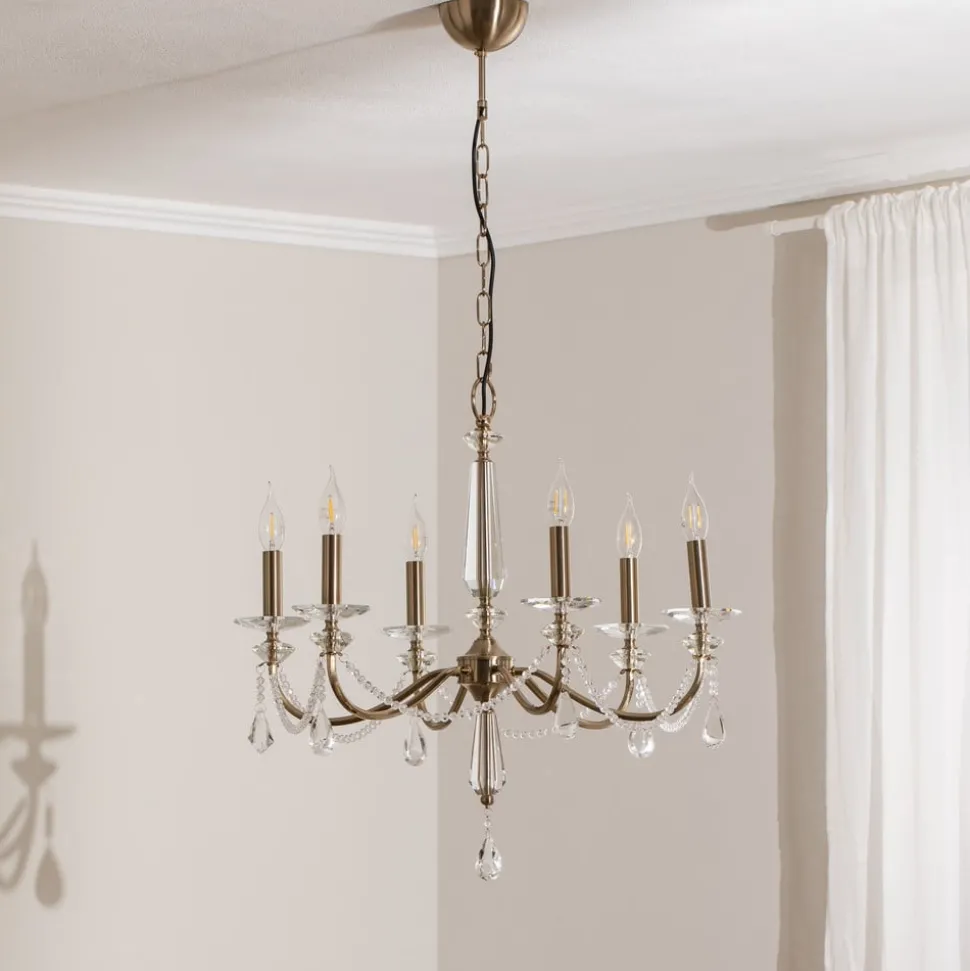 Kroonluchter Adone, 6-lamps, messing, Ø 70 cm, kristalglas