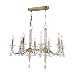 Kroonluchter Adone, lineair, 8-lamps, messing, kristalglas