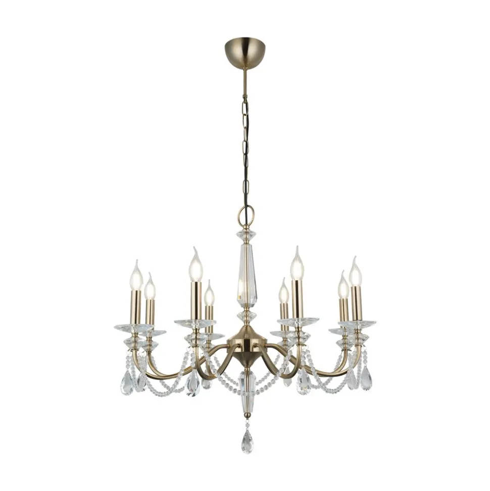 Kroonluchter Adone, rond, 8-lamps, messing, kristalglas