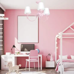 Kroonluchter Alice, roze, drie witte stoffen kappen