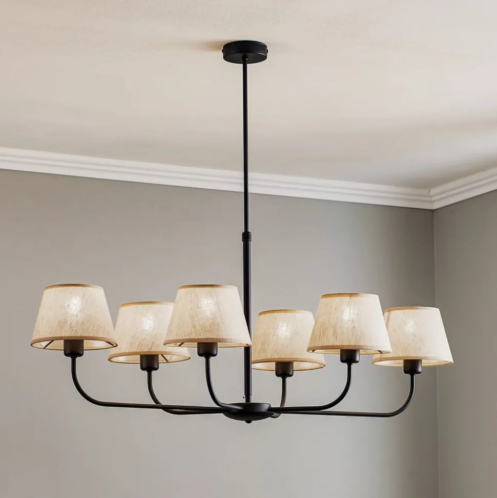 Kroonluchter Chicago, linnen lampenkappen, 6-lamps