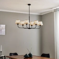 Kroonluchter Chicago, linnen lampenkappen, 6-lamps