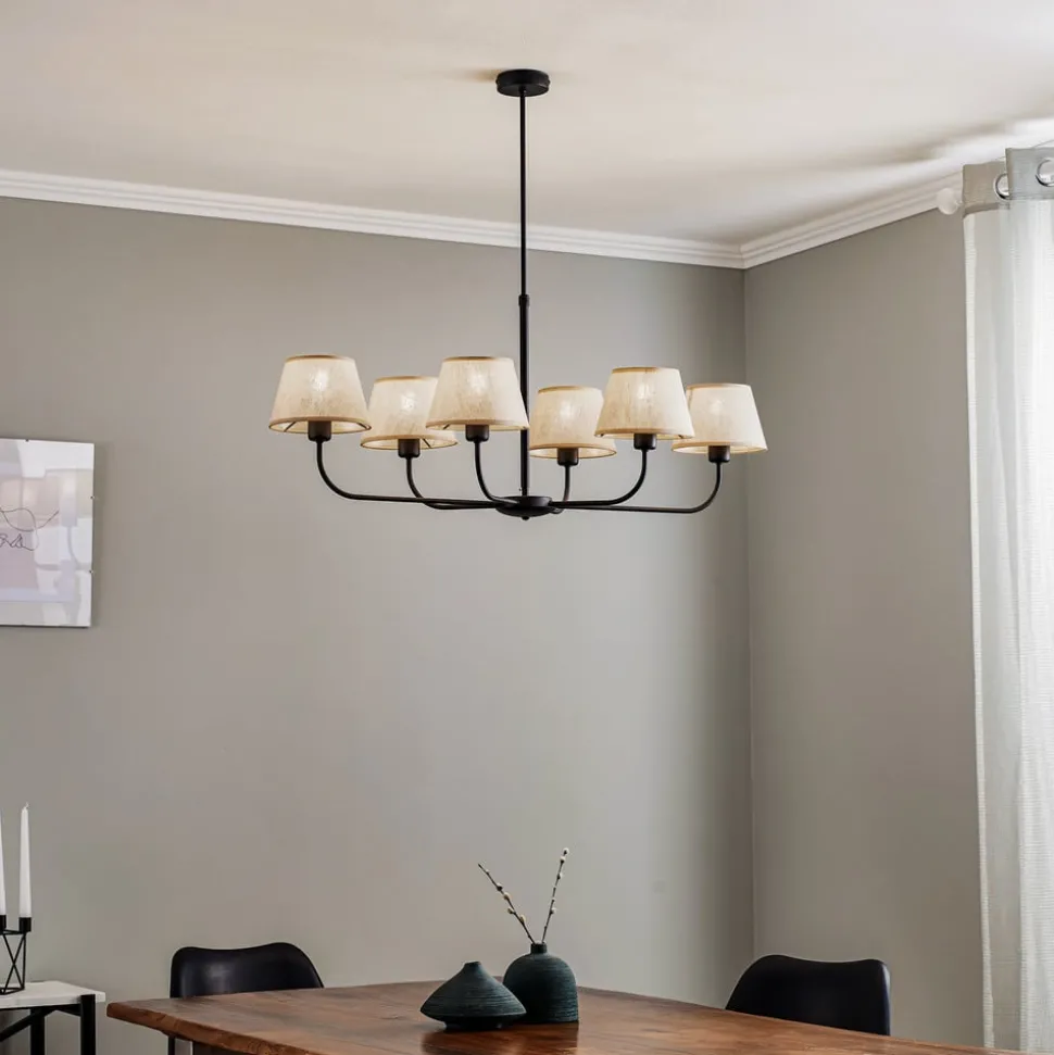 Kroonluchter Chicago, linnen lampenkappen, 6-lamps