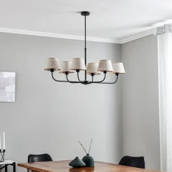 Kroonluchter Chicago, linnen lampenkappen, 6-lamps