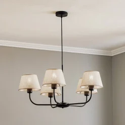 Kroonluchter Chicago, linnen lampenkappen, 5-lamps