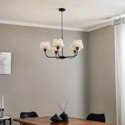 Kroonluchter Chicago, linnen lampenkappen, 5-lamps