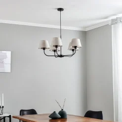 Kroonluchter Chicago, linnen lampenkappen, 5-lamps