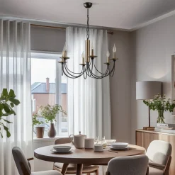 Kroonluchter Dofa, messing antiek/zwart 6-lamps