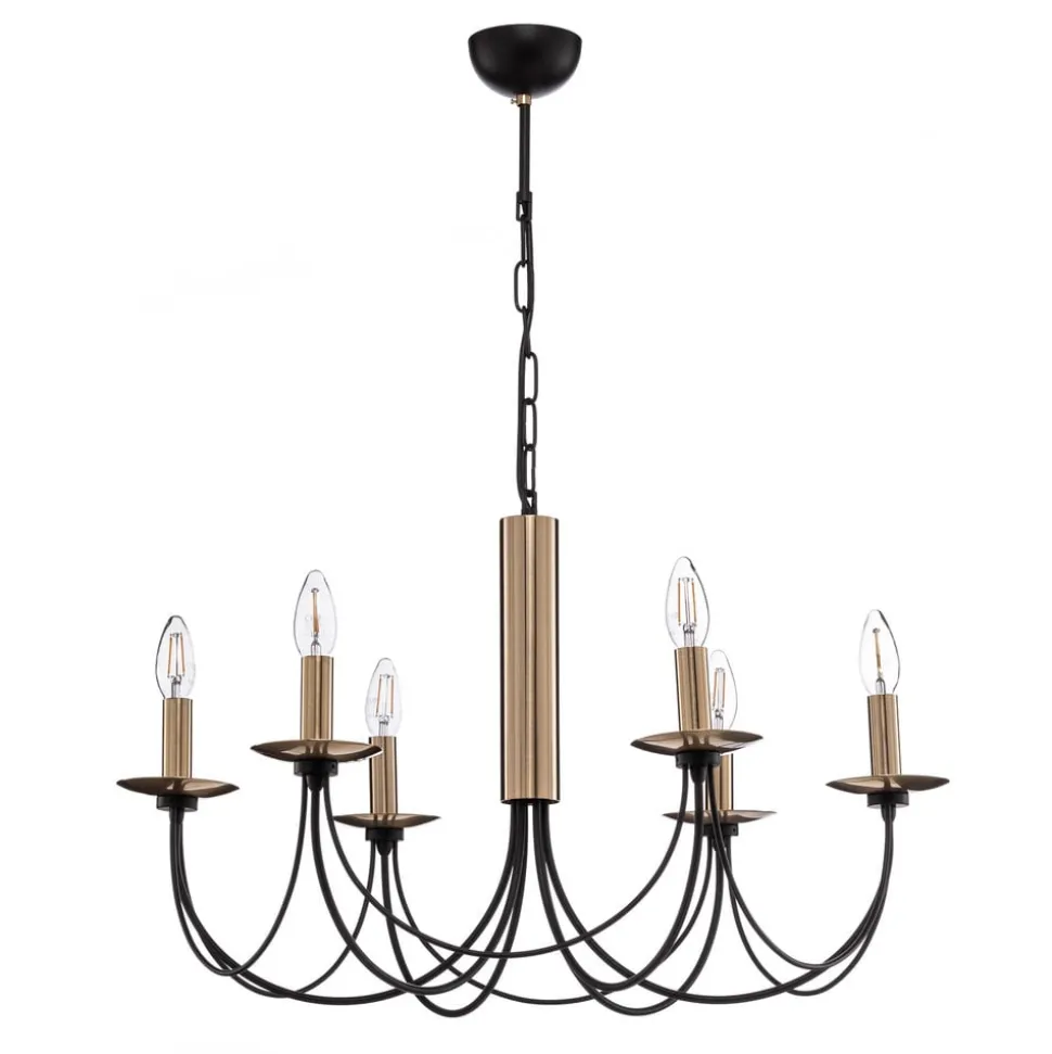 Kroonluchter Dofa, messing antiek/zwart 6-lamps