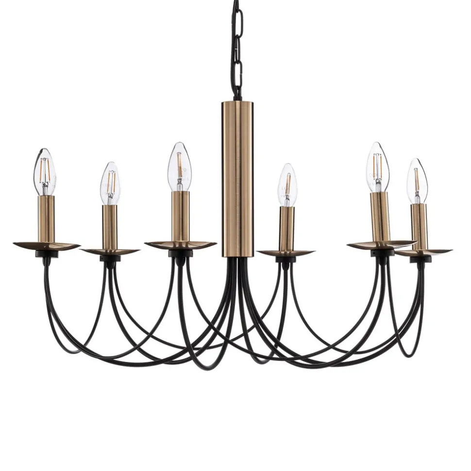 Kroonluchter Dofa, messing antiek/zwart 6-lamps