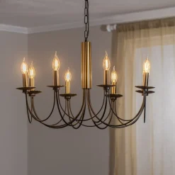 Kroonluchter Dofa, messing antiek/zwart 8-lamps