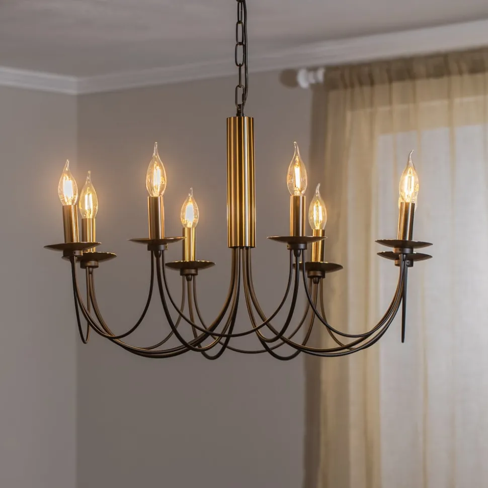 Kroonluchter Dofa, messing antiek/zwart 8-lamps