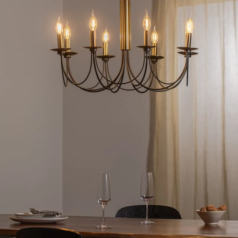 Kroonluchter Dofa, messing antiek/zwart 8-lamps