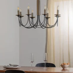 Kroonluchter Dofa, messing antiek/zwart 8-lamps