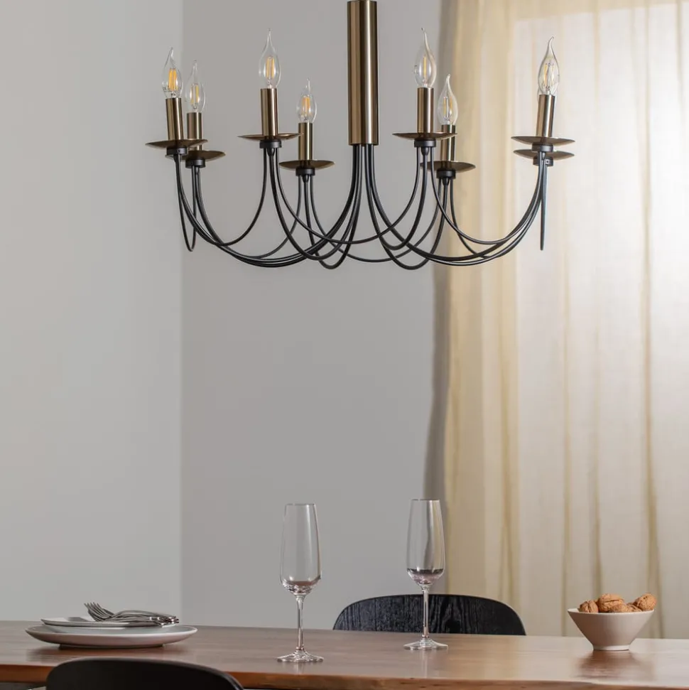 Kroonluchter Dofa, messing antiek/zwart 8-lamps