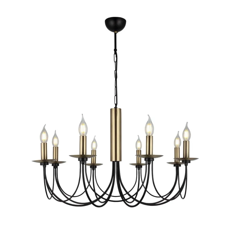 Kroonluchter Dofa, messing antiek/zwart 8-lamps