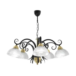 Kroonluchter Flora, 5 glazen kappen, zwart/messing