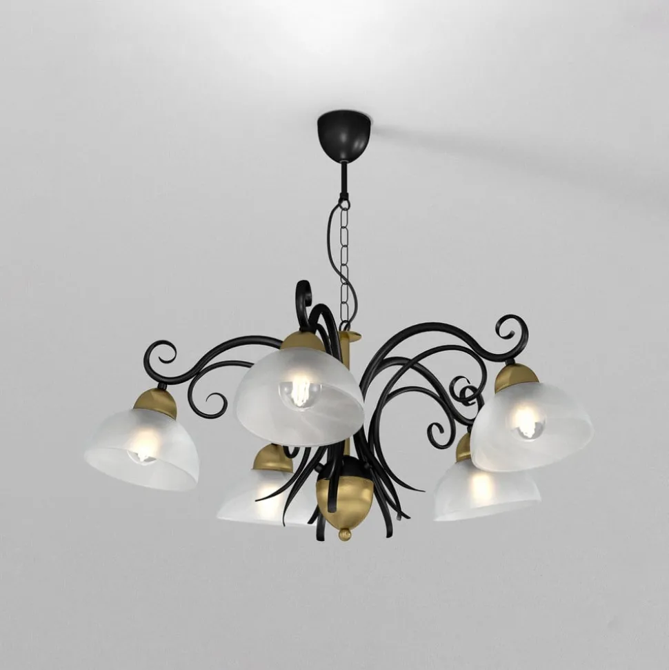 Kroonluchter Flora, 5 glazen kappen, zwart/messing