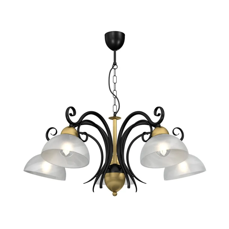Kroonluchter Flora, 5 glazen kappen, zwart/messing