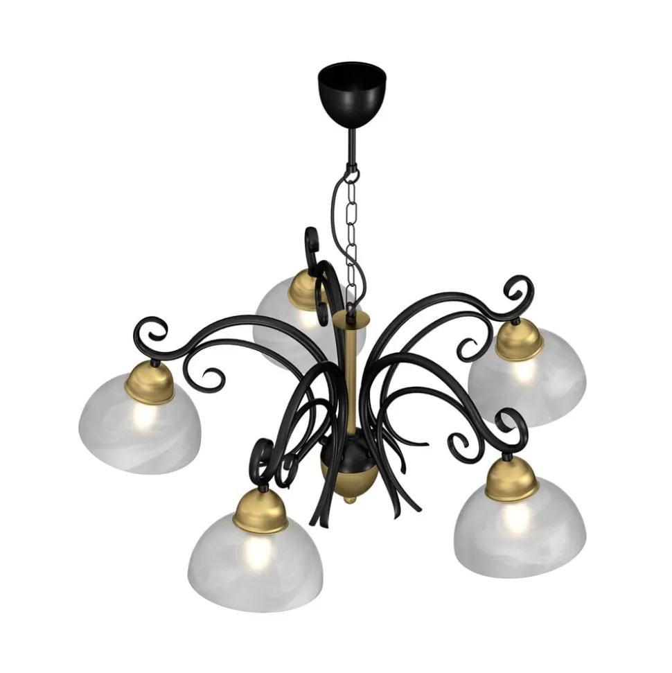 Kroonluchter Flora, 5 glazen kappen, zwart/messing