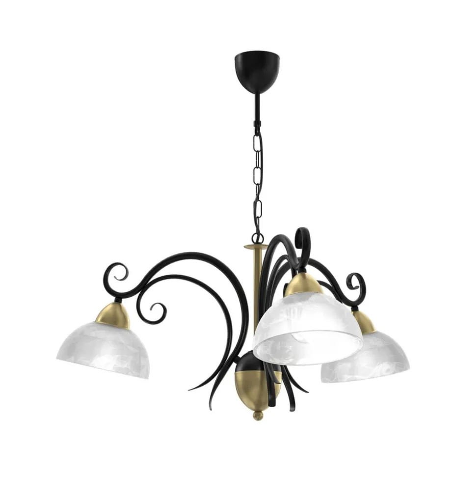 Kroonluchter Flora, 3 glazen kappen, zwart/messing