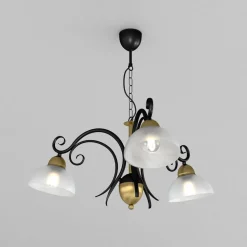 Kroonluchter Flora, 3 glazen kappen, zwart/messing