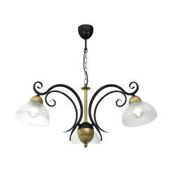 Kroonluchter Flora, 3 glazen kappen, zwart/messing