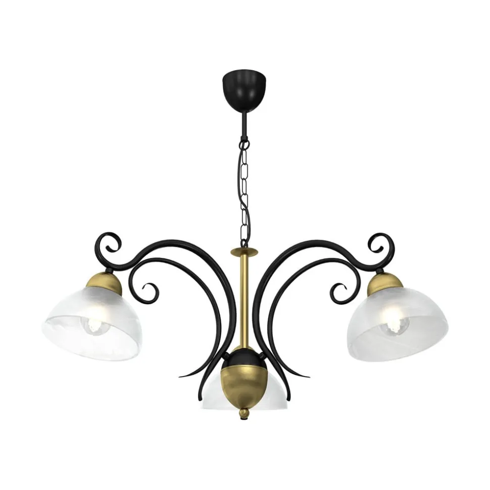 Kroonluchter Flora, 3 glazen kappen, zwart/messing