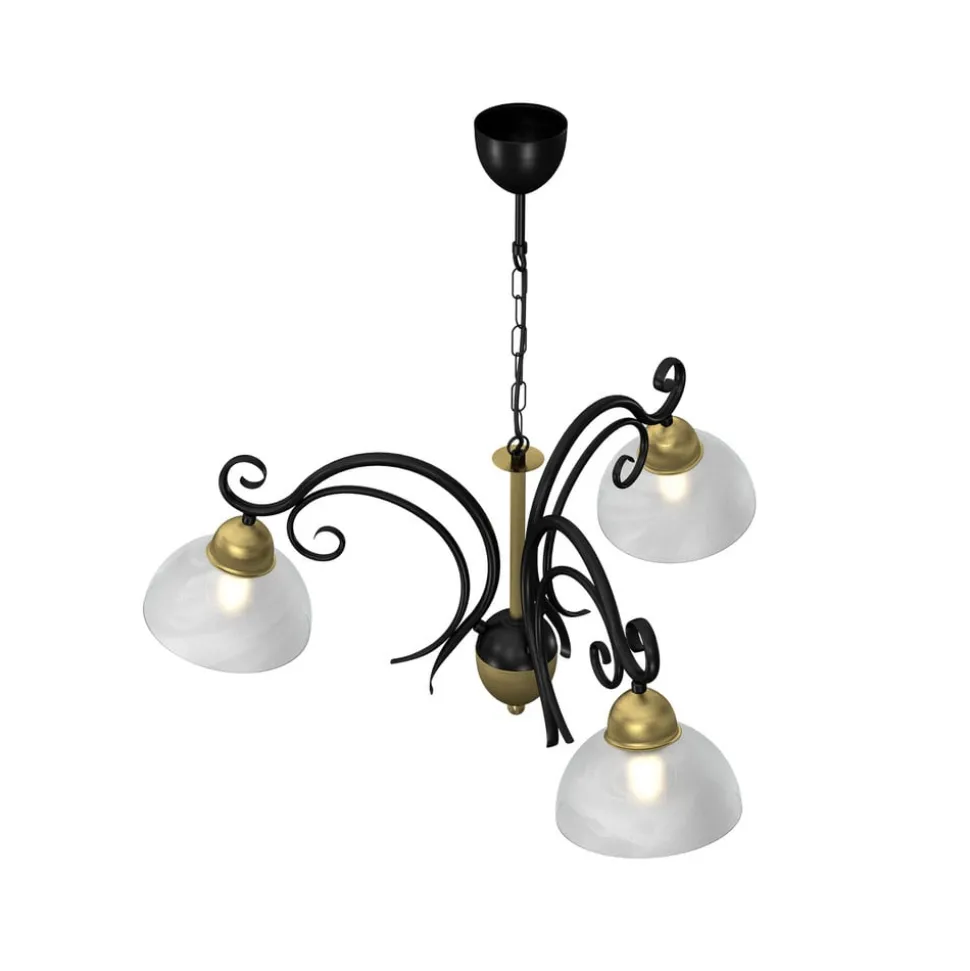 Kroonluchter Flora, 3 glazen kappen, zwart/messing