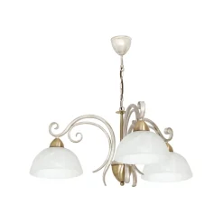 Kroonluchter Flora, drie glazen kappen, wit/messing