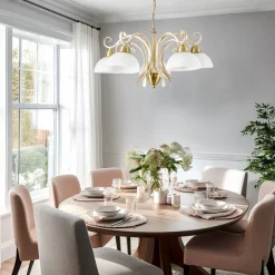 Kroonluchter Flora, vijf glazen kappen, wit/messing