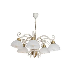 Kroonluchter Flora, vijf glazen kappen, wit/messing